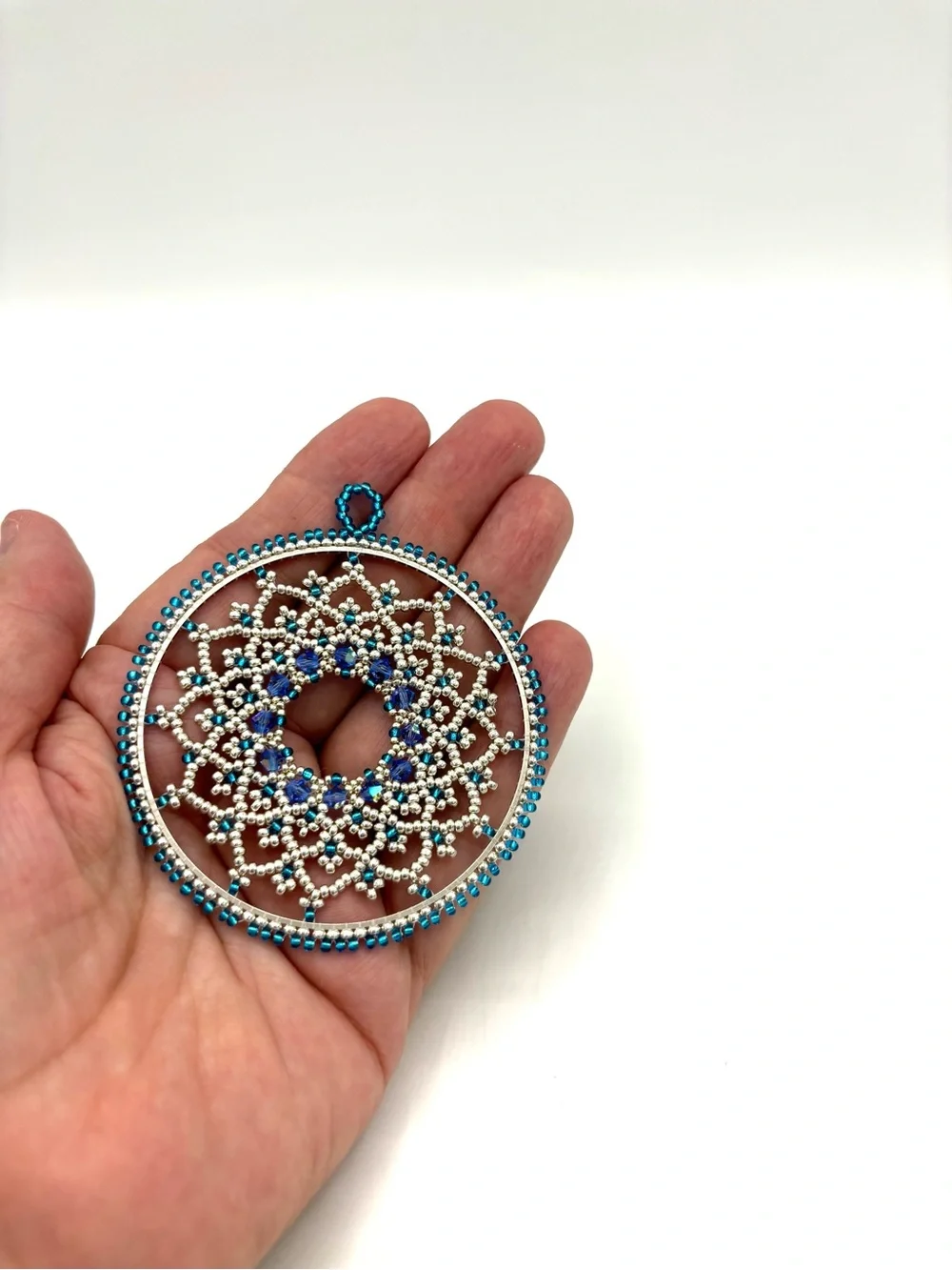 Hand Crafted Blue Beaded Mandala Window Suncatcher - Home Wall Decor